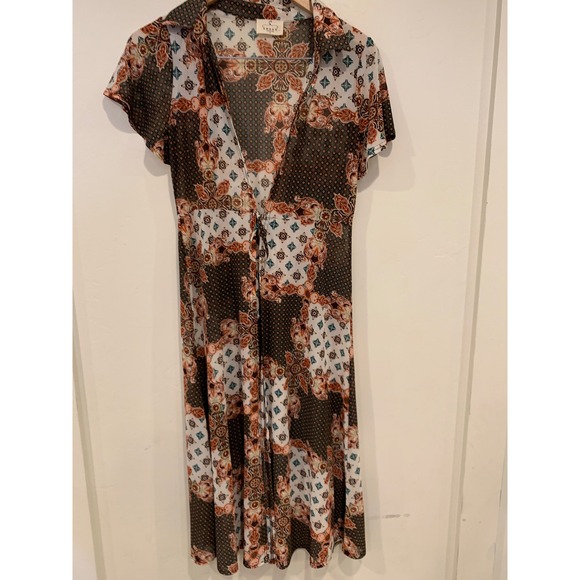 Amber Womens Patchwork Midi cardigan Dress S Brown Boho 70s Vibe Tie Front retro - Picture 2 of 7